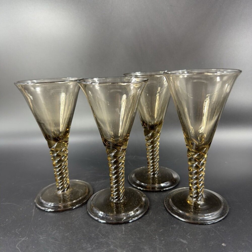SIMON GATE Smokey Amber Goblet Glasses Spiral Stems Sandvik Orrefors 1920s Set 4 - Picture 12 of 16